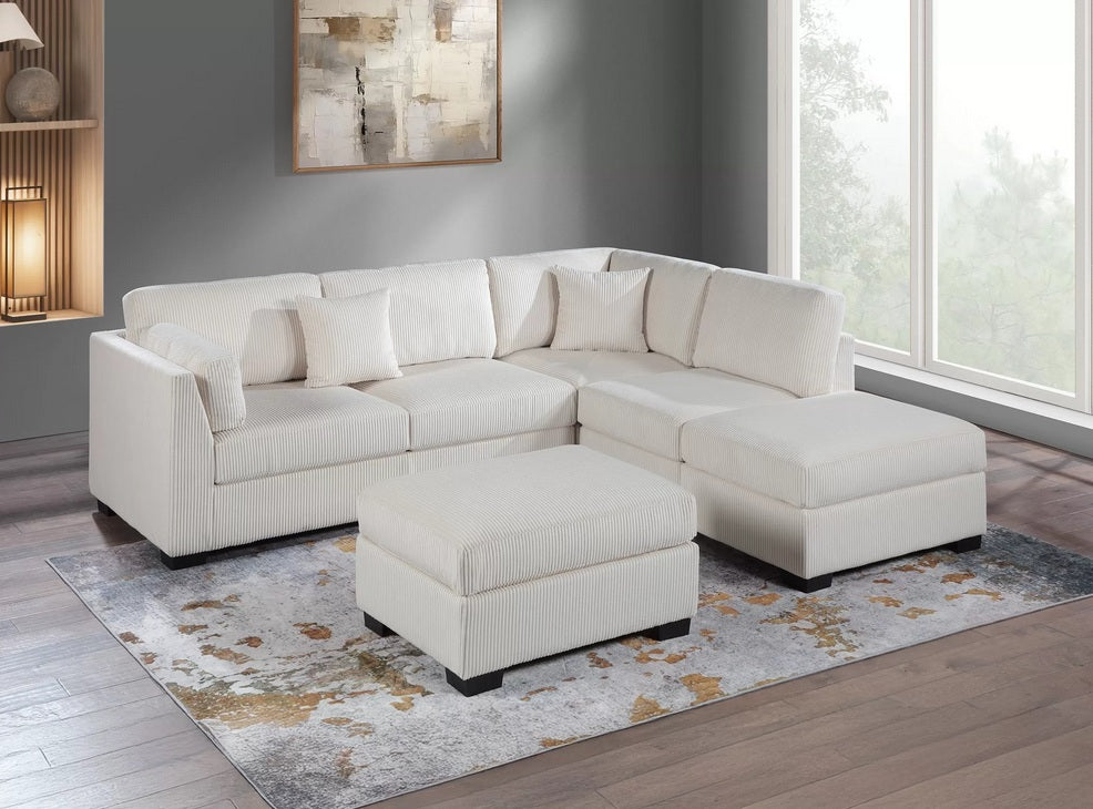 Poundex F8478 3 pc beige corduroy fabric sectional sofa reversible chaise and ottoman