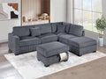 Poundex F8481 3 pc dark grey wide welt corduroy fabric sectional sofa with USB plugs square arms with chaise and storage ottoman