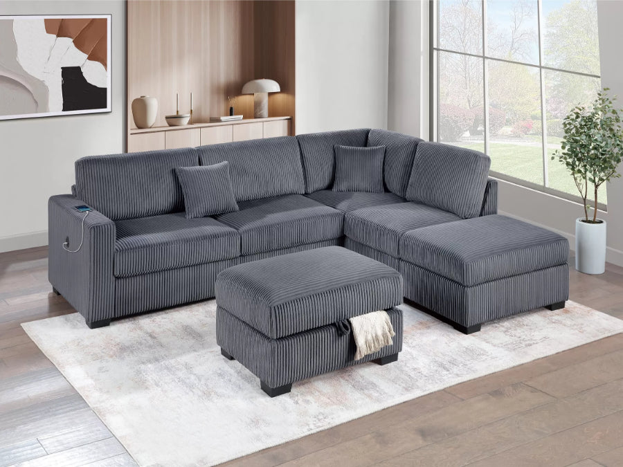 Poundex F8481 3 pc dark grey wide welt corduroy fabric sectional sofa with USB plugs square arms with chaise and storage ottoman