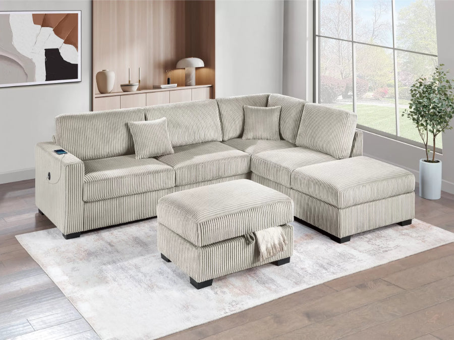 Poundex F8482 3 pc camel wide welt corduroy fabric sectional sofa with USB plugs square arms with chaise and storage ottoman
