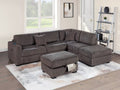 Poundex F8483 3 pc chocolate wide welt corduroy fabric sectional sofa with USB plugs square arms with chaise and storage ottoman