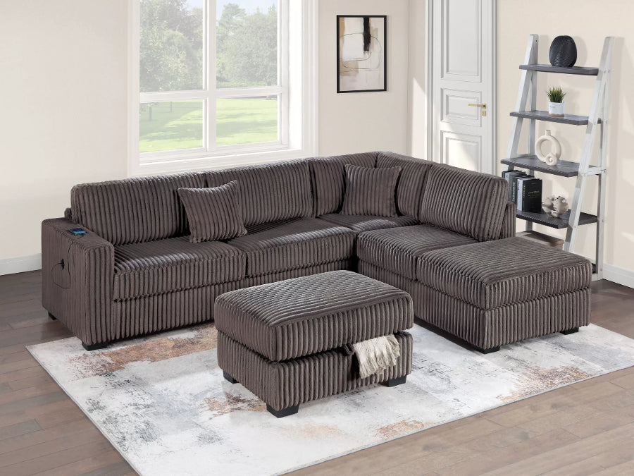 Poundex F8483 3 pc chocolate wide welt corduroy fabric sectional sofa with USB plugs square arms with chaise and storage ottoman