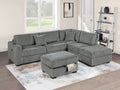 Poundex F8484 3 pc smoke grey wide welt corduroy fabric sectional sofa with USB plugs square arms with chaise and storage ottoman