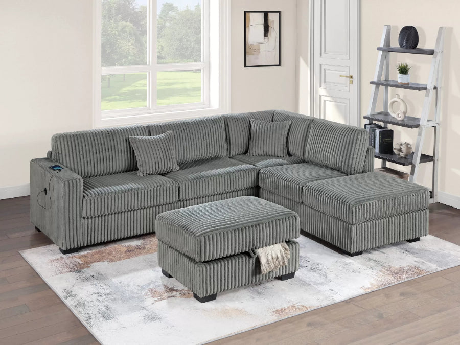 Poundex F8484 3 pc smoke grey wide welt corduroy fabric sectional sofa with USB plugs square arms with chaise and storage ottoman