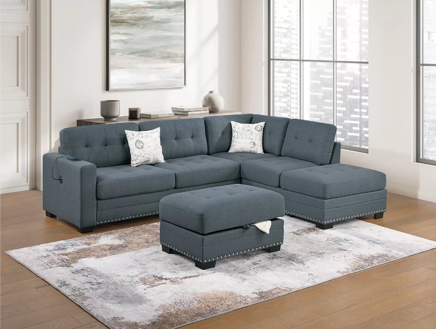 Poundex F8485 3 pc dark grey woven fabric sectional sofa with USB plugs square arms with chaise and storage ottoman