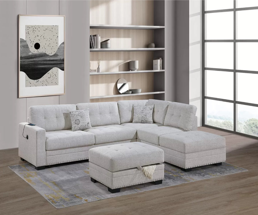 Poundex F8486 3 pc bone woven fabric sectional sofa with USB plugs square arms with chaise and storage ottoman
