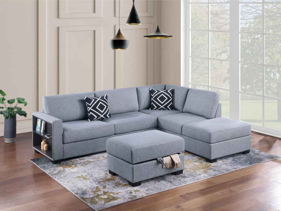 Poundex F8487 3 pc grey boucle fabric sectional sofa with storage arm with reversible chaise and storage ottoman