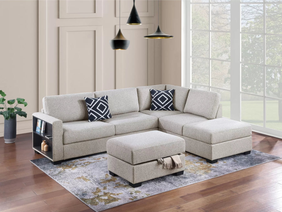 Poundex F8488 3 pc beige boucle fabric sectional sofa with storage arm with reversible chaise and storage ottoman