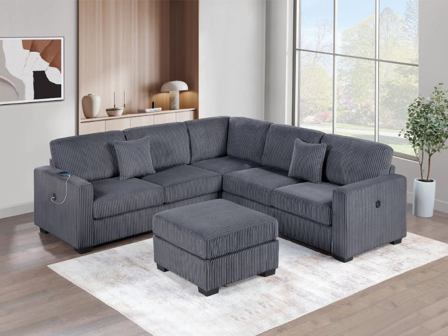 Poundex F8489 4 pc dark grey corduroy fabric upholstered sectional sofa with ottoman USB plugs