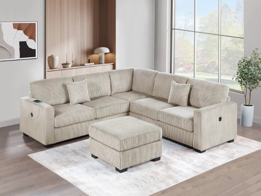 Poundex F8490 4 pc camel corduroy fabric upholstered sectional sofa with ottoman USB plugs