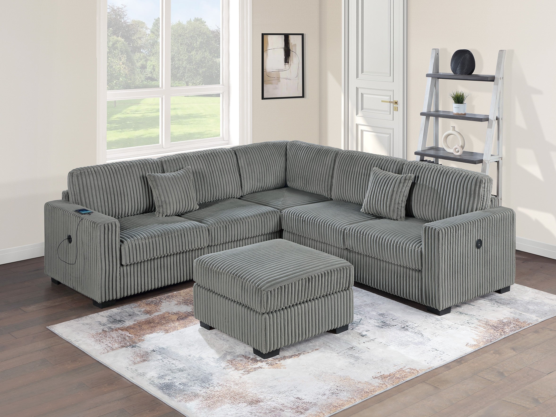 Poundex F8492 4 pc smoke grey corduroy fabric upholstered sectional sofa with ottoman USB