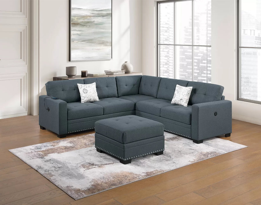 Poundex F8493 4 pc dark grey woven fabric upholstered sectional sofa with ottoman USB plugs nail head trim