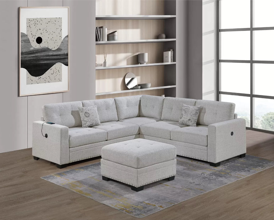 Poundex F8494 4 pc bone woven fabric upholstered sectional sofa with ottoman USB plugs nail head trim