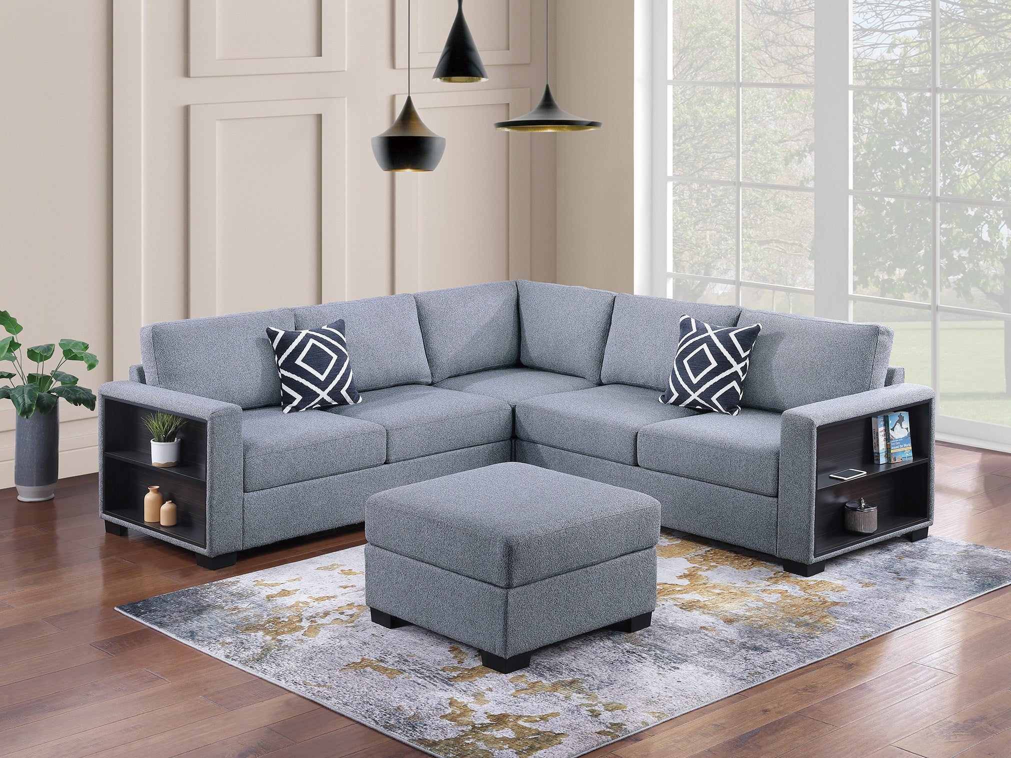Poundex F8495 4 pc grey boucle fabric upholstered sectional sofa with storage arms and ottoman