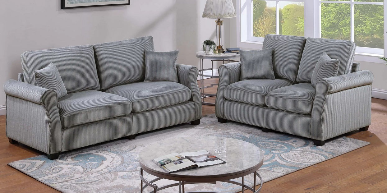 Poundex F8498 2 pc fog grey corduroy fabric sofa and love seat set with rounded arms