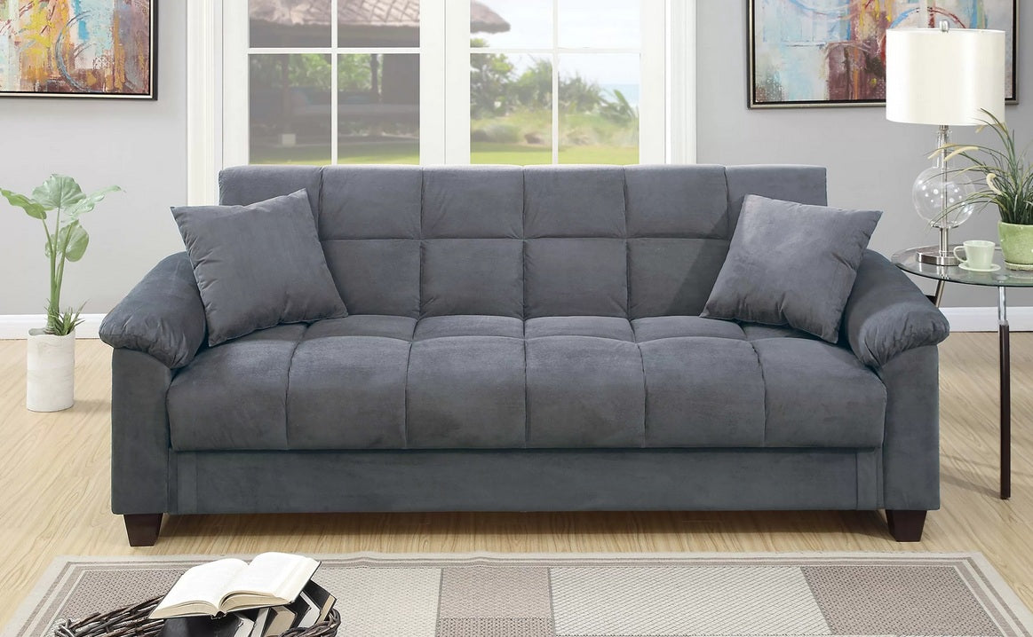 Poundex F8500 Grey tufted microfiber fabric futon folding sofa bed with storage underneath seat folding back