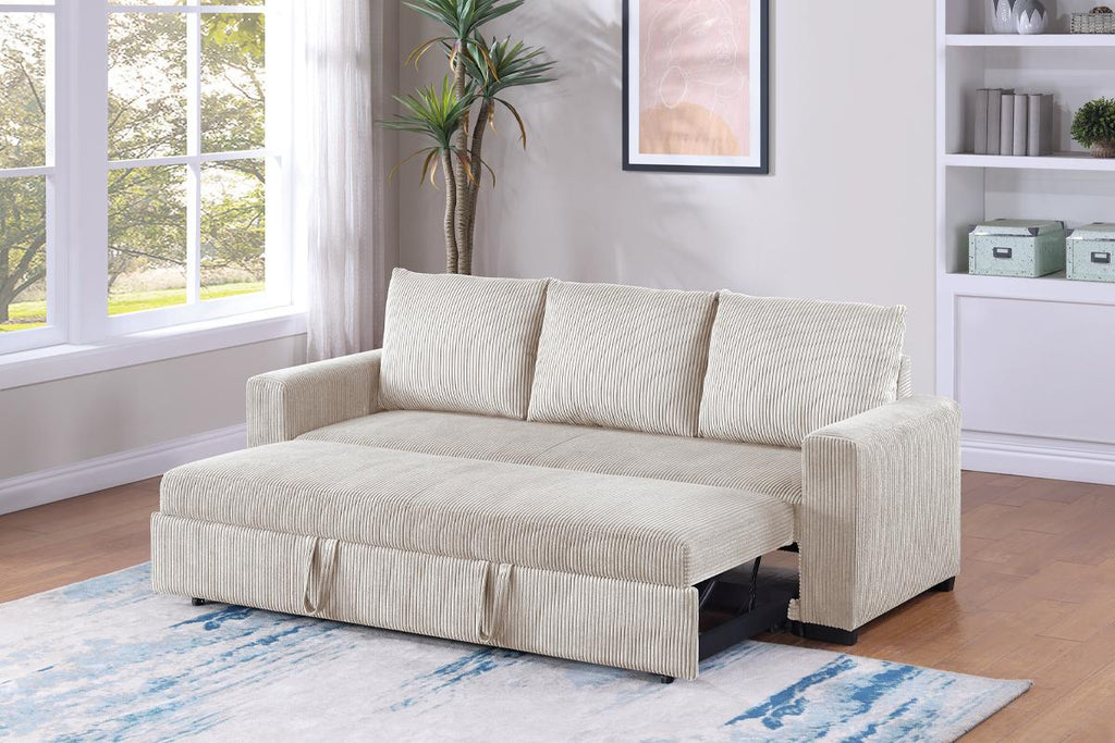 Poundex F8526 Ivory corduroy fabric sofa futon pull out sleep area pop up chaise