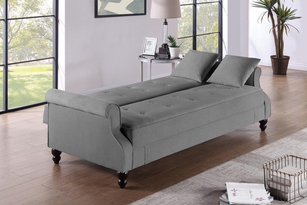 Poundex F8527 Gray fabric adjustable storage sofa futon with storage under seat and folding back