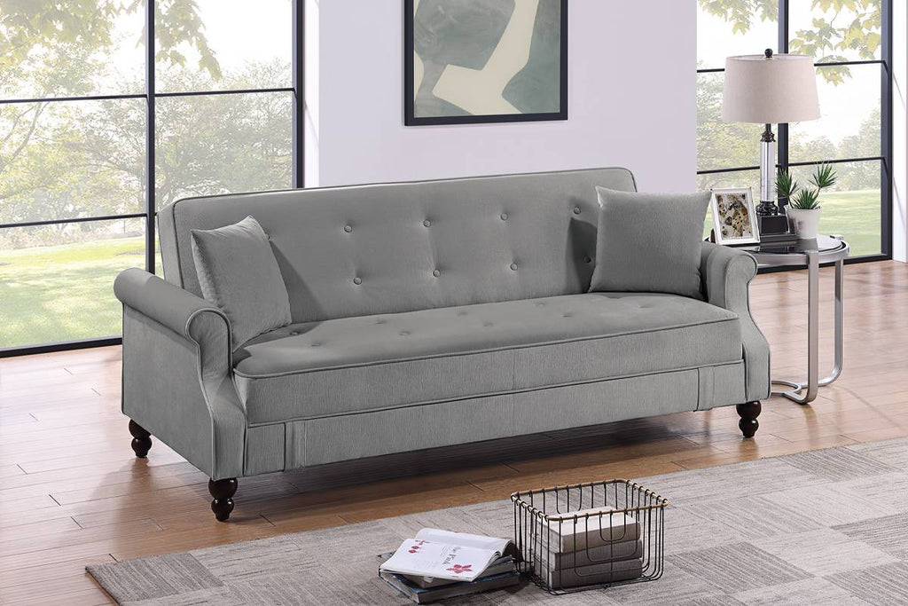 Poundex F8527 Gray fabric adjustable storage sofa futon with storage under seat and folding back