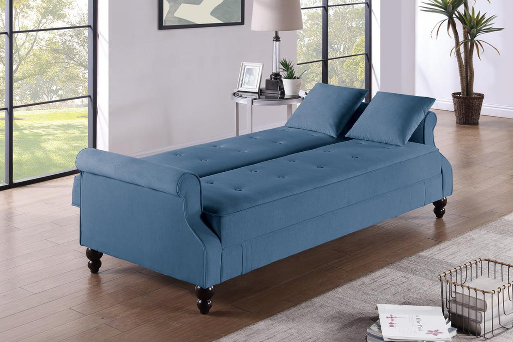 Poundex F8528 Blue fabric adjustable storage sofa futon with storage under seat and folding back