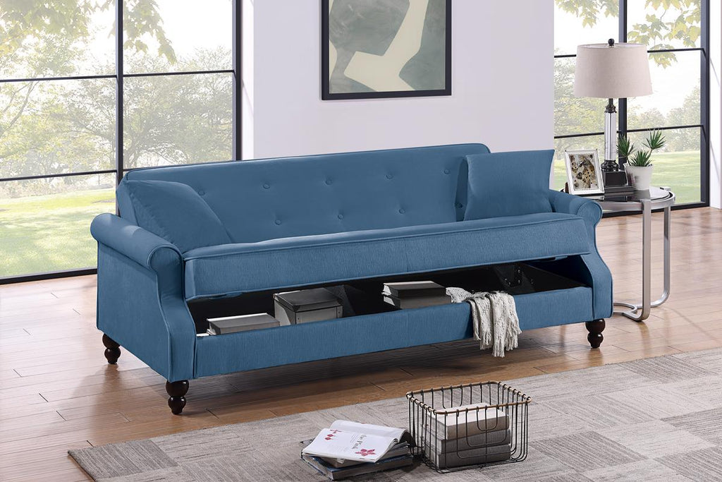 Poundex F8528 Blue fabric adjustable storage sofa futon with storage under seat and folding back