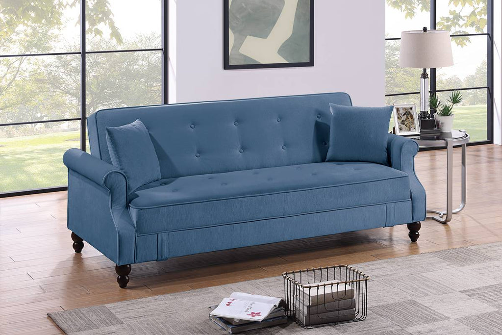 Poundex F8528 Blue fabric adjustable storage sofa futon with storage under seat and folding back