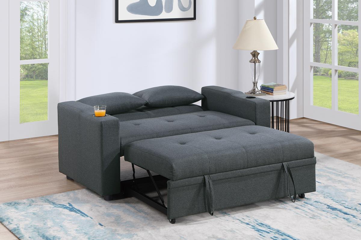 Poundex F8533 Charcoal linen like fabric sofa set pull out sleep area folding back cup holders in arms