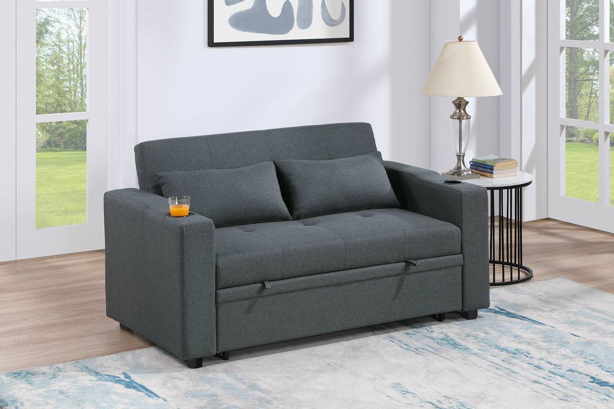 Poundex F8533 Charcoal linen like fabric sofa set pull out sleep area folding back cup holders in arms