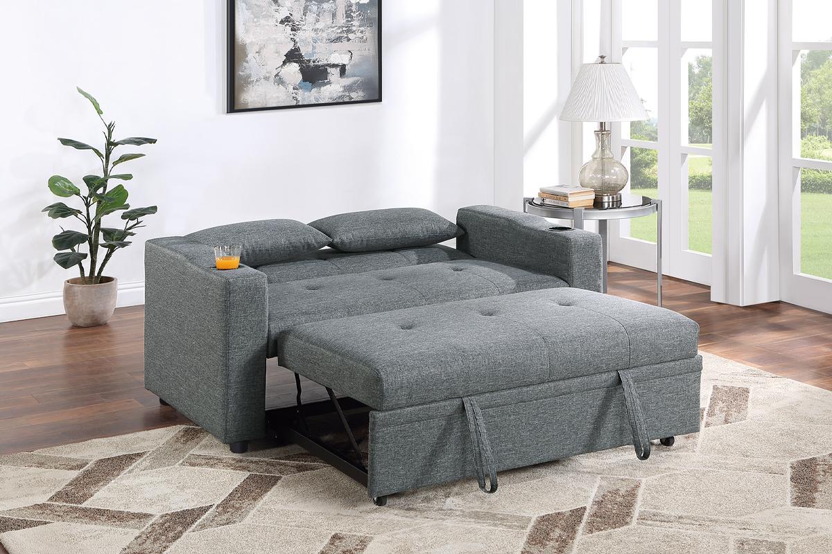 Poundex F8534 Black grey linen like fabric sofa set pull out sleep area folding back cup holders in arms