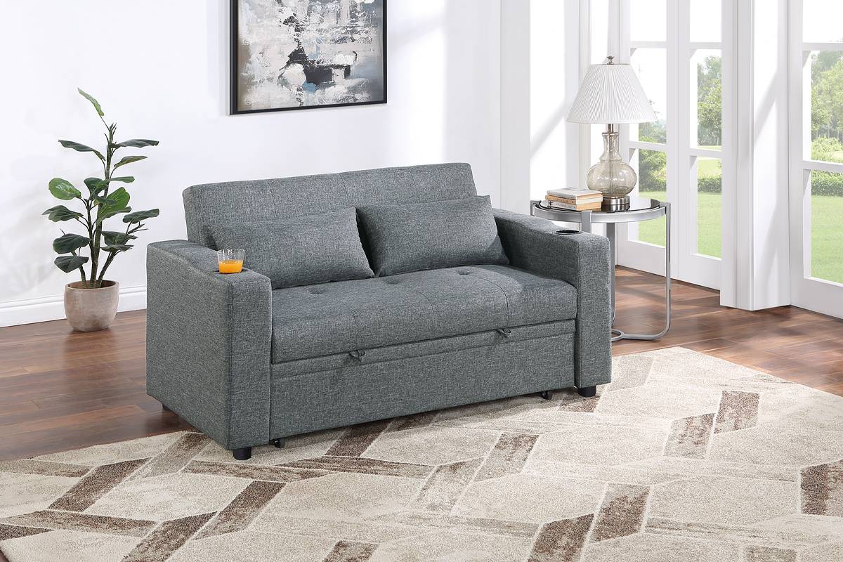 Poundex F8534 Black grey linen like fabric sofa set pull out sleep area folding back cup holders in arms