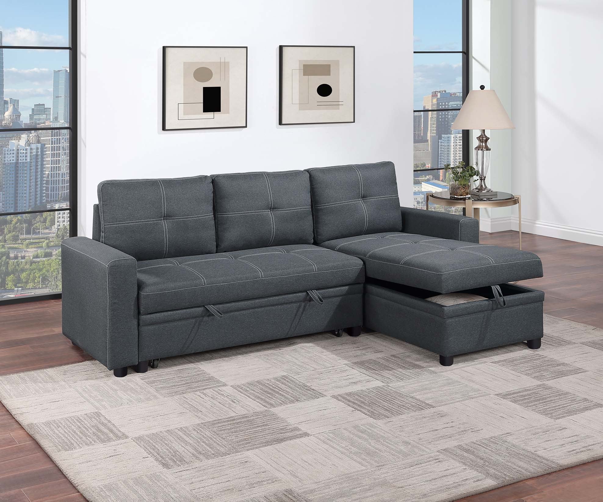 Poundex F8535 2 pc charcoal polyfiber sectional sofa set pull out sleep area pop up reversible storage chaise