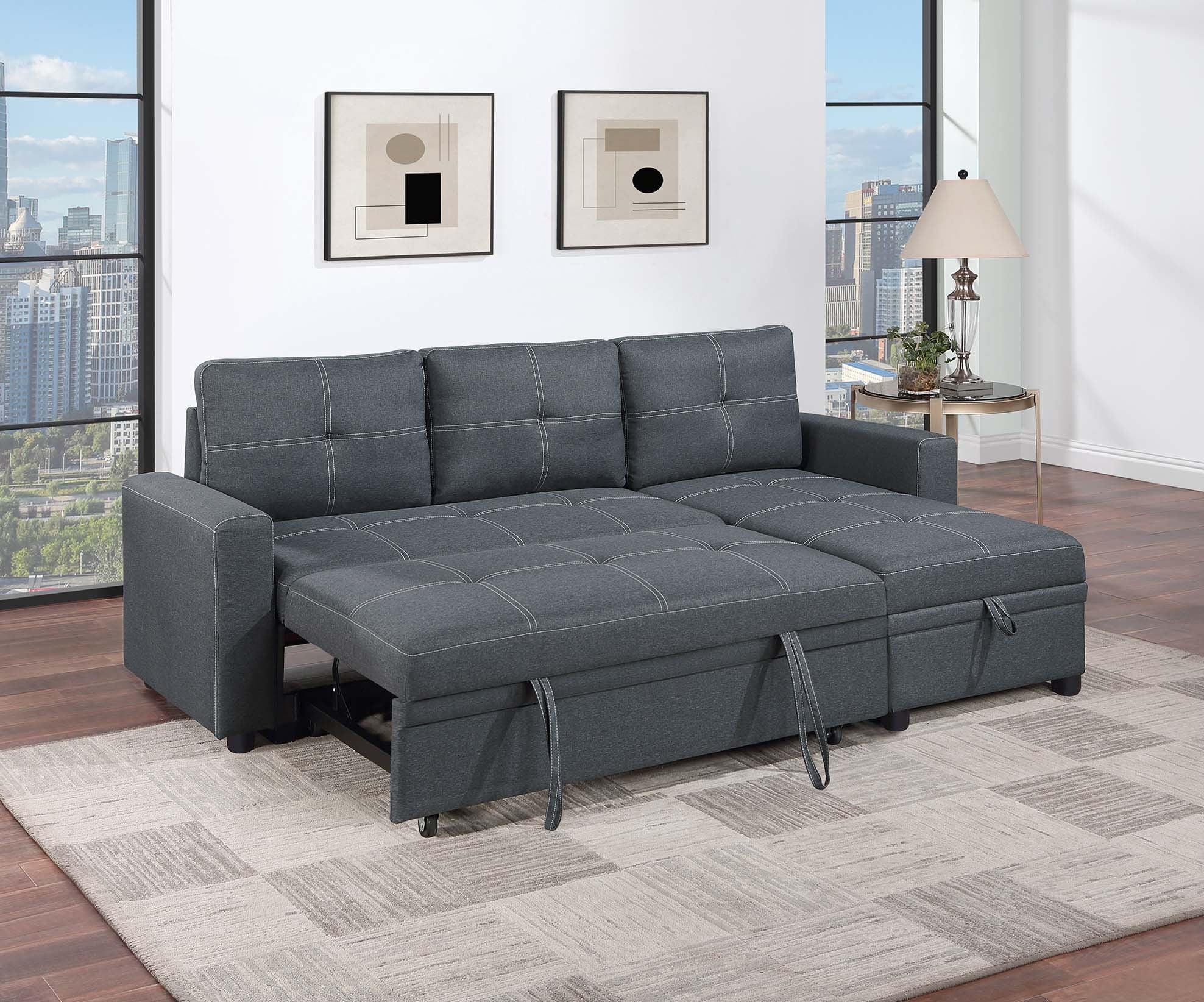 Poundex F8535 2 pc charcoal polyfiber sectional sofa set pull out sleep area pop up reversible storage chaise
