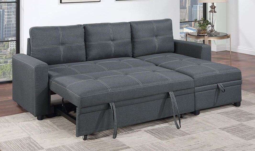 Poundex F8535 2 pc charcoal polyfiber sectional sofa set pull out sleep area pop up reversible storage chaise
