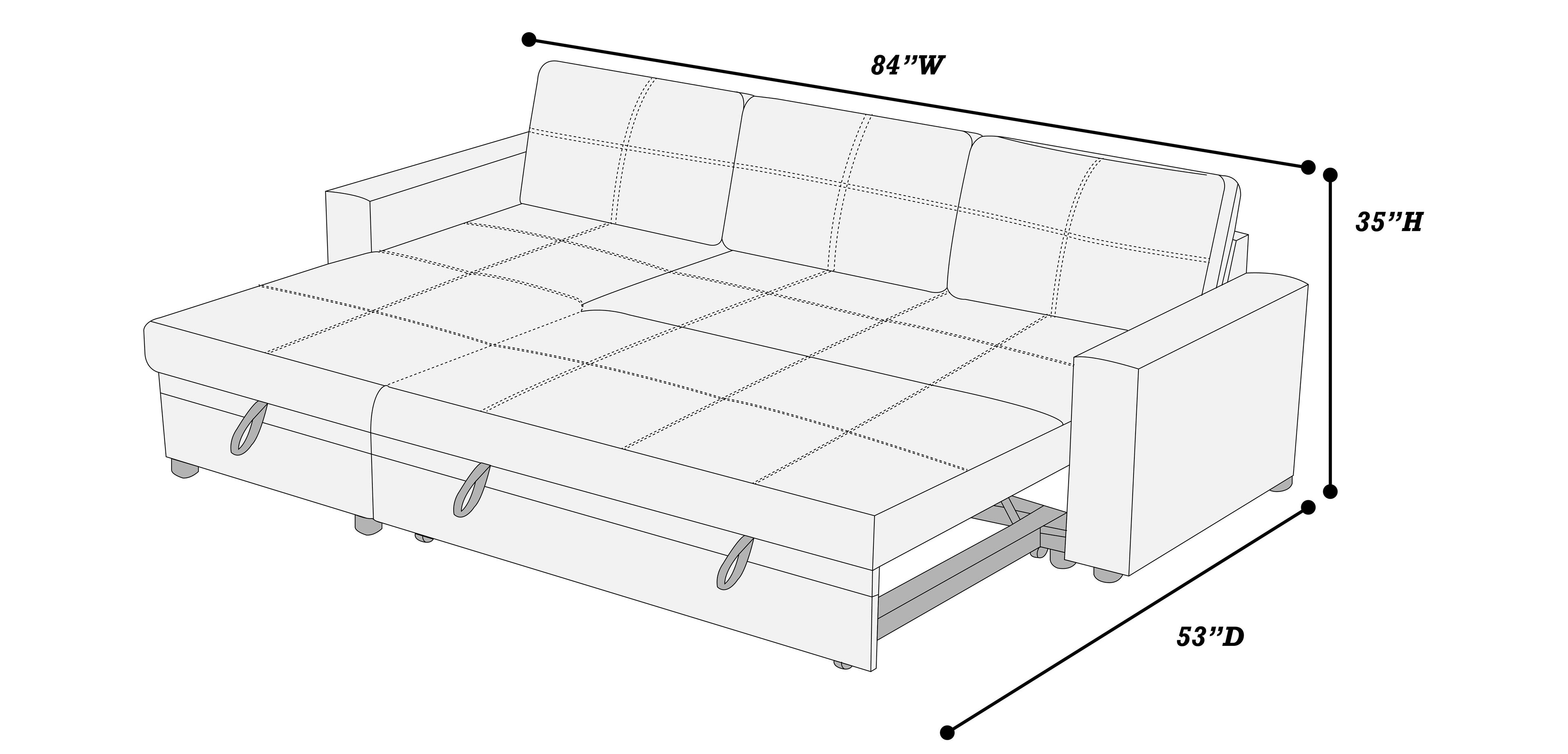 Poundex F8535 2 pc charcoal polyfiber sectional sofa set pull out sleep area pop up reversible storage chaise