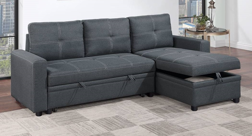 Poundex F8535 2 pc charcoal polyfiber sectional sofa set pull out sleep area pop up reversible storage chaise