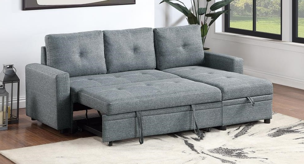 Poundex F8536 2 pc black grey polyfiber sectional sofa set pull out sleep area pop up reversible storage chaise