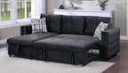 Poundex F8540 2 pc black velvet sectional sofa set pull out sleep area with reversible pop up storage chaise nail head trim tufted accents