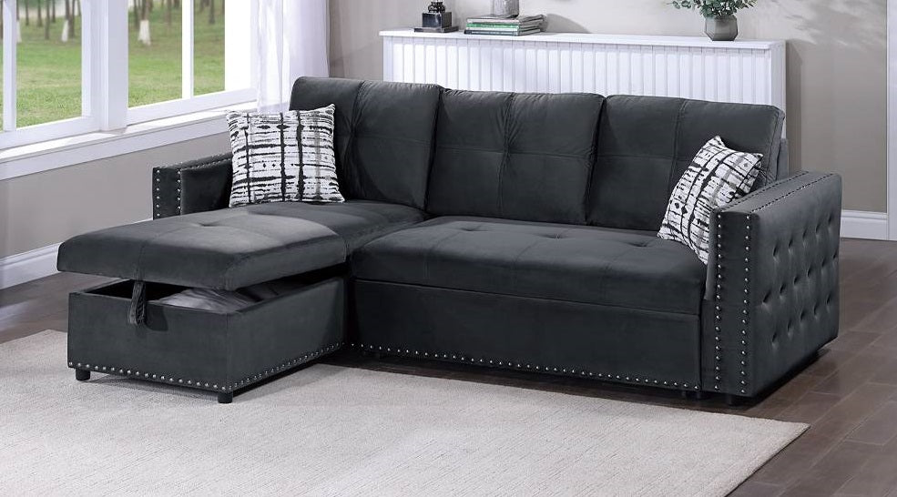 Poundex F8540 2 pc black velvet sectional sofa set pull out sleep area with reversible pop up storage chaise nail head trim tufted accents