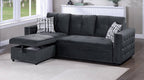 Poundex F8540 2 pc black velvet sectional sofa set pull out sleep area with reversible pop up storage chaise nail head trim tufted accents