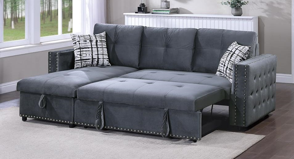 Poundex F8541 2 pc grey velvet sectional sofa set pull out sleep area with reversible pop up storage chaise nail head trim tufted accents
