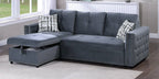 Poundex F8541 2 pc grey velvet sectional sofa set pull out sleep area with reversible pop up storage chaise nail head trim tufted accents
