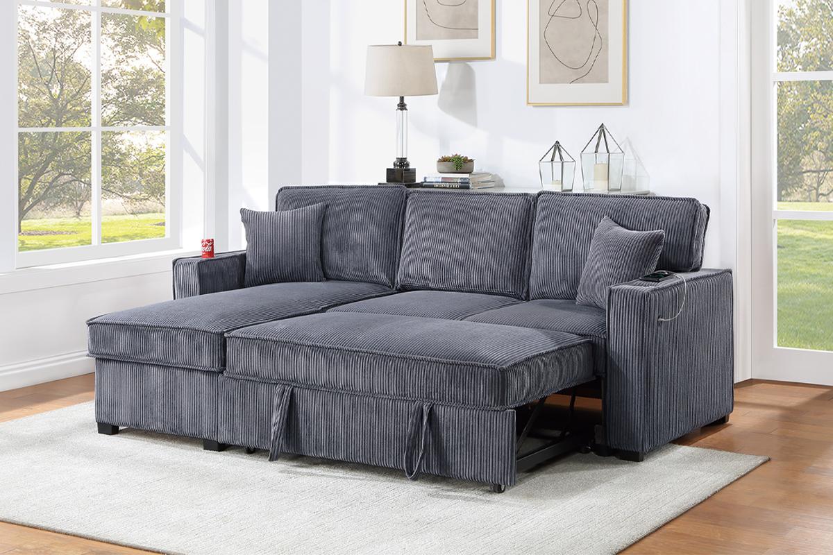 Poundex F8543 2 pc dark grey corduroy fabric sectional sofa with reversible storage chaise and pop up sleep area