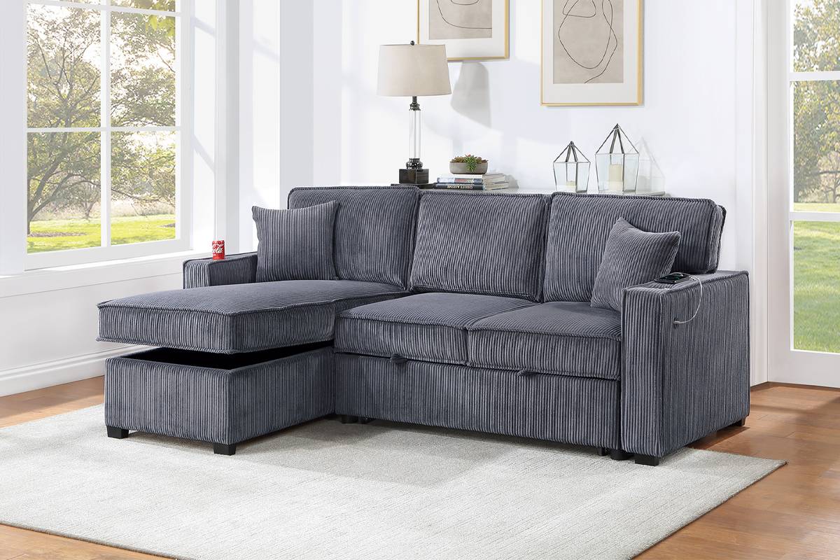 Poundex F8543 2 pc dark grey corduroy fabric sectional sofa with reversible storage chaise and pop up sleep area