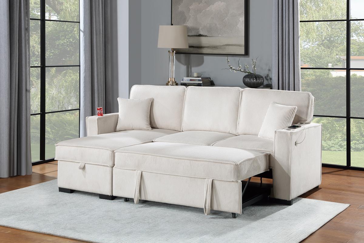 Poundex F8544 2 pc beige corduroy fabric sectional sofa with reversible storage chaise and pop up sleep area