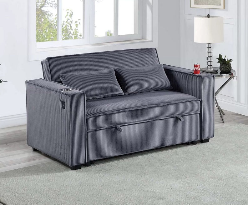 Poundex F8547 Dark grey corduroy fabric sofa set pull out sleep area folding back cup holders and USB ports in arms