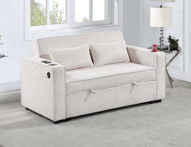 Poundex F8548 Beige corduroy fabric sofa set pull out sleep area folding back cup holders and USB ports in arms