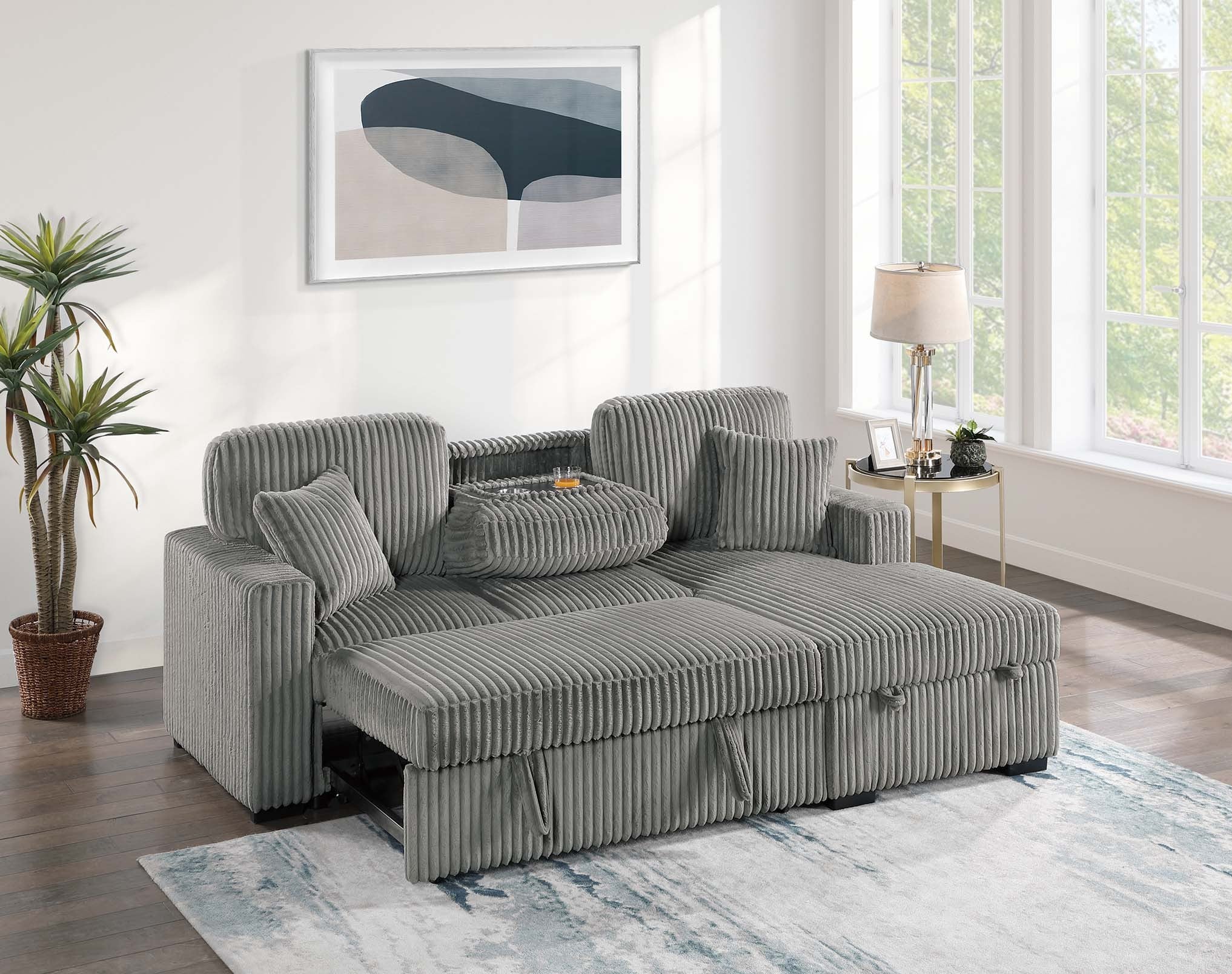 Poundex F8551 2 pc Smoke grey corduroy fabric sectional sofa with pop up sleep area and storage chaise drop down tray table