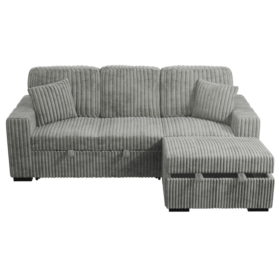 Poundex F8551 2 pc Smoke grey corduroy fabric sectional sofa with pop up sleep area and storage chaise drop down tray table
