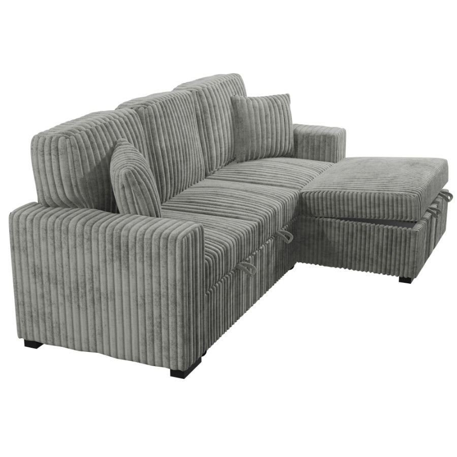 Poundex F8551 2 pc Smoke grey corduroy fabric sectional sofa with pop up sleep area and storage chaise drop down tray table