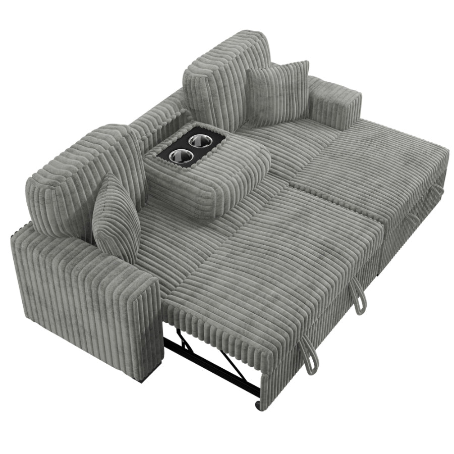 Poundex F8551 2 pc Smoke grey corduroy fabric sectional sofa with pop up sleep area and storage chaise drop down tray table